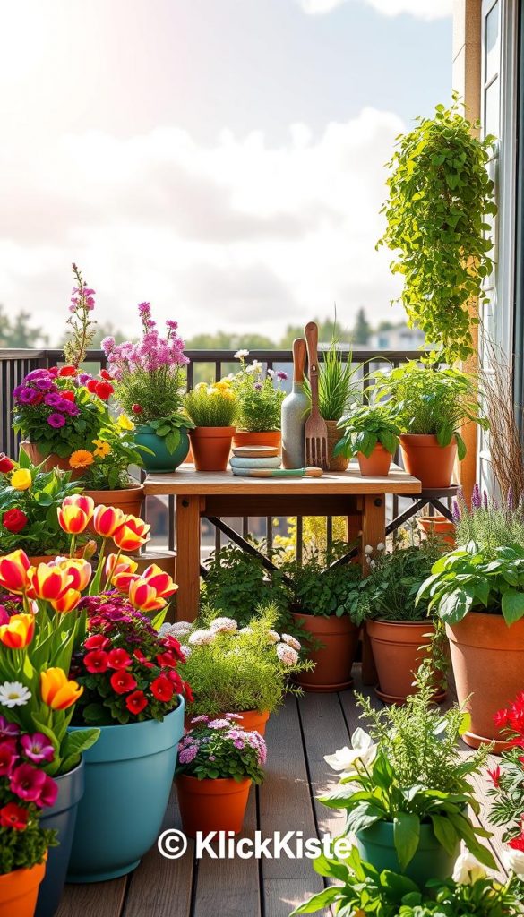A vibrant spring balcony scene filled with an array of blooming plants, flowers, and herbs, showcasing a natural DIY aesthetic. In the foreground, colorful pots with vibrant flowers like tulips and pansies sit beside lush green herbs like basil and rosemary. The middle section features a wooden table adorned with a charming flower arrangement and rustic gardening tools. The background showcases a bright, sunny sky with soft, fluffy clouds, creating an uplifting atmosphere. The colors should be warm and inviting, with natural lighting casting soft shadows, reminiscent of a spring morning. This image should evoke feelings of inspiration and creativity for a cozy outdoor living space, reflecting a Pinterest-inspired look. Include the brand "KlickKiste" subtly integrated within the scene.