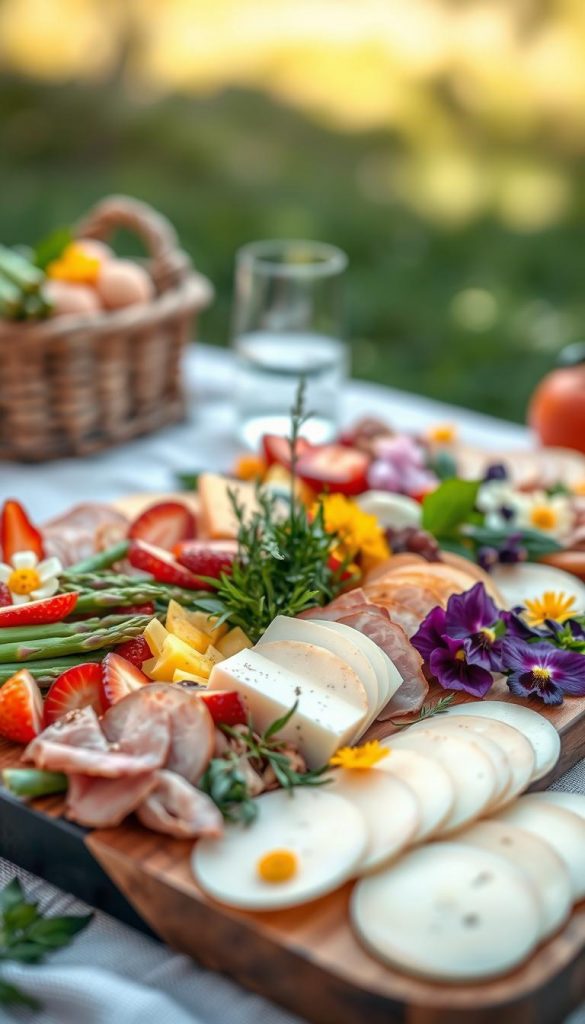 A vibrant spring charcuterie board, showcasing an array of seasonal ingredients that reflect the colors of fresh springtime: rich greens from asparagus and herbs, radiant reds from strawberries and radishes, sunny yellows from citrus fruits, and deep purples from edible flowers. The foreground features an elegant wooden board, adorned with neatly arranged slices of cheese, cured meats, and colorful veggies, creating a harmonious display. In the middle, sprigs of fresh herbs add texture and a pop of contrasting color. The background is softly blurred, hinting at a sun-drenched outdoor picnic setting, enhancing the warm, inviting atmosphere. The image should use natural lighting, conveying a fresh, vibrant feel, with a shallow depth of field to focus on the ingredients. Authentically styled in a Pinterest-worthy aesthetic, reminiscent of a DIY project from KlickKiste.