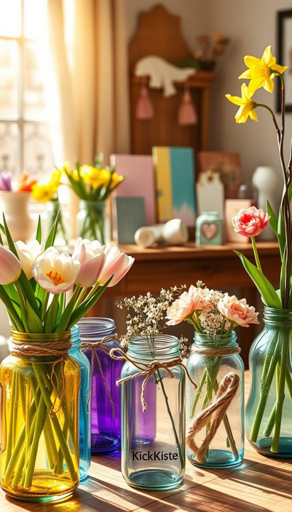 A vibrant spring decoration scene showcasing upcycled materials in a maximalist style. In the foreground, a beautifully arranged collection of colorful glass jars filled with fresh spring flowers, like tulips and daffodils, and adorned with twine and fabric scraps. The middle layer features a wooden table displaying various DIY projects using remnants of fabric, painted wood, and glass, all harmoniously blending into a cheerful display. In the background, warm sunlight filters through a window, illuminating the scene, casting soft shadows that enhance the cozy atmosphere. The overall tone is natural and inspiring, embodying the essence of Pinterest aesthetics. Brand logo "KlickKiste" subtly integrated into one of the upcycled items.