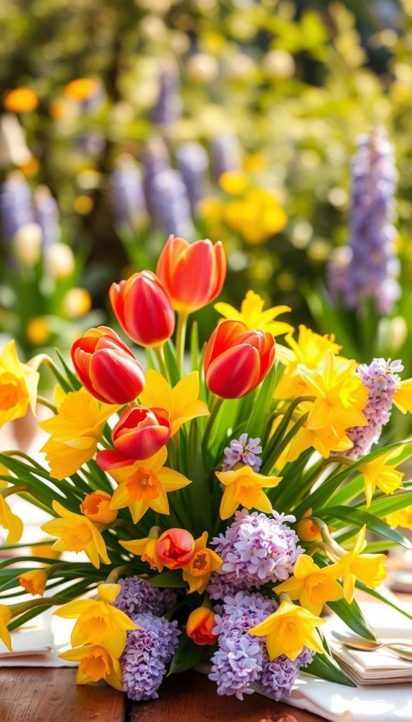 A vibrant spring flower arrangement featuring tulips, daffodils, and hyacinths, artistically positioned in the foreground. The tulips display their rich reds and yellows, paired harmoniously with cheerful yellow daffodils and the soft lavender hues of hyacinths. In the middle ground, a rustic wooden table is adorned with elegant tableware and delicate pastel-colored napkins, creating a festive atmosphere. The background fades softly into a sunny garden setting, with gentle bokeh effects highlighting blooming greenery. The overall lighting is warm and inviting, reminiscent of a bright spring day, enhancing the natural beauty of the flowers. The composition channels a cozy DIY aesthetic suitable for Pinterest, embodying inspiration while maintaining a clean, professional look, as if curated by KlickKiste.