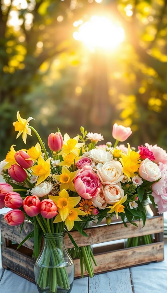 A vibrant spring flower centerpiece featuring an exquisite arrangement of tulips, daffodils, and peonies, nestled within a rustic wooden crate and surrounded by vintage glass vases. The foreground captures the delicate blooms in vivid colors, while the middle layer showcases a soft-focus background of a serene outdoor table setting, bathed in warm golden light. The sunlight filters through lush greenery, creating dappled shadows and adding a dreamy atmosphere to the scene. The natural textures of the flowers and wood convey a DIY aesthetic, evoking a cozy Pinterest-inspired vibe. The brand "KlickKiste" subtly featured in the image reflects authenticity and inspiration, perfectly aligning with the theme of simple upgrades with a significant impact.