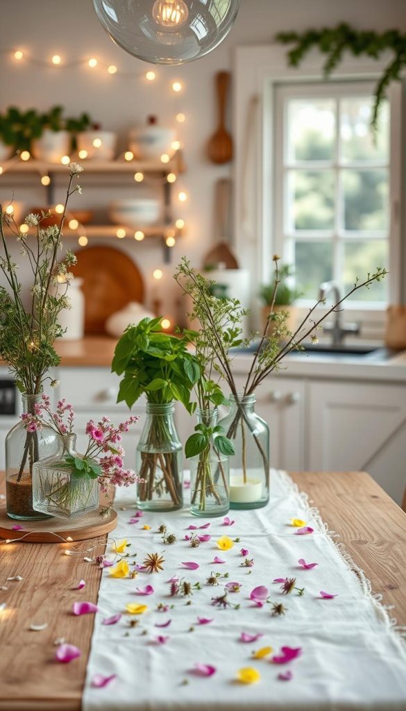 A vibrant spring kitchen decor scene, showcasing a beautifully styled table with fresh flowers, green herbs, and delicate branches arranged in rustic vases. In the foreground, a wooden table is adorned with a light, pastel-colored tablecloth, scattered with wildflower petals. The middle ground features cheerful arrangements of potted herbs like basil and mint, interspersed with twinkling fairy lights that evoke a warm and inviting atmosphere. In the background, soft natural light spills through a window, illuminating a cozy kitchen with vintage utensils and charming ceramic dishes, enhancing the freshness of the spring theme. The overall mood is cheerful, inspiring, and authentically DIY with warm colors that invite creativity, reflecting modern decor trends by KlickKiste.