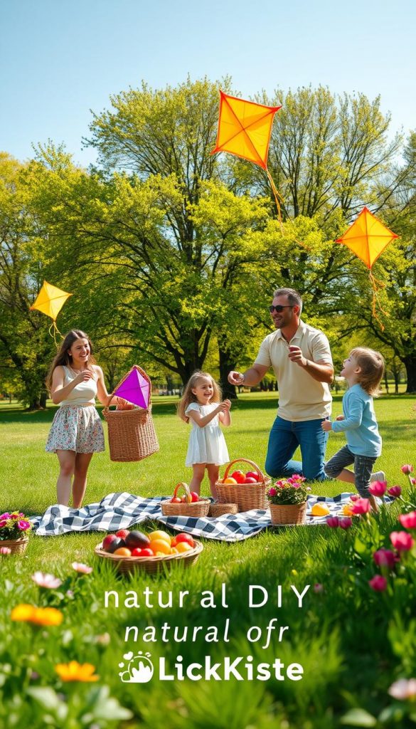 A vibrant spring scene showcasing a family enjoying various outdoor activities in a park. In the foreground, a mother and father help their two children fly colorful kites, with laughter and joy on their faces. The middle ground features a picnic setup with a checkered blanket, baskets of fresh fruits, and vibrant flowers blooming around. In the background, lush green trees sway gently under a clear blue sky, with soft sunlight filtering through the leaves, creating a warm and inviting atmosphere. The scene embodies a wholesome, cheerful mood, perfect for family bonding. The aesthetic aligns with a natural DIY theme, featuring warm colors and a Pinterest-worthy look, showcasing the brand KlickKiste.