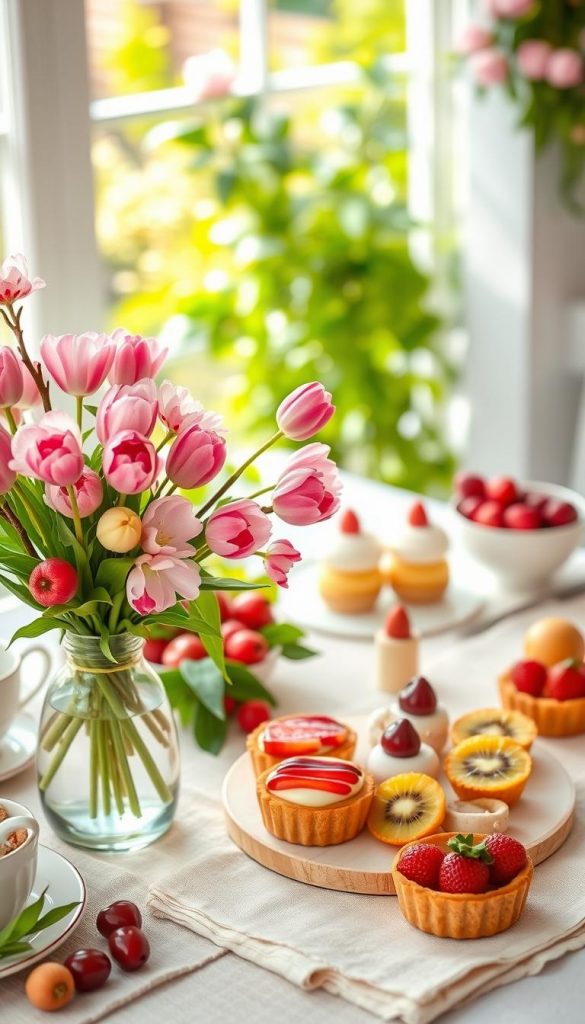 A vibrant spring-themed decoration setup featuring an elegantly styled table adorned with pastel-colored tableware and fresh seasonal fruits like strawberries, cherries, and kiwis. In the foreground, place a vase filled with blooming cherry blossoms and vibrant tulips. The middle section should highlight a beautifully arranged dessert platter with light, fruity desserts, including mousse and fruit tarts, showcasing a variety of textures, all set against a softly textured linen tablecloth. In the background, incorporate blurred green foliage and hints of a sunlit garden to evoke a fresh, inviting atmosphere. Use warm, natural lighting to create a cozy feel, with a slightly overhead angle to capture the complete arrangement. The overall mood should be cheerful and inspiring, reminiscent of a natural DIY aesthetic, reflective of the brand "KlickKiste".