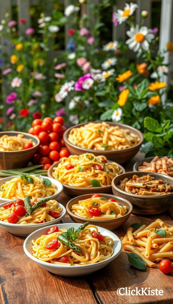 A vibrant spring-themed pasta scene featuring an array of colorful, freshly-prepared pasta dishes. In the foreground, a rustic wooden table is adorned with bowls of pasta tossed with seasonal vegetables like asparagus and cherry tomatoes, garnished with fresh herbs. The middle layer includes a variety of pasta types, such as fettuccine and penne, presented in artistic arrangements. In the background, a beautiful garden setting with blooming flowers and green foliage creates a warm, inviting atmosphere. Soft, natural lighting enhances the colors, evoking a cozy, home-cooked feel. Capture a Pinterest-worthy aesthetic that is both authentic and inspiring, reflecting the essence of "KlickKiste".