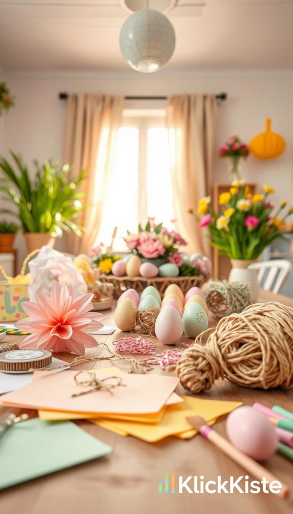 A vibrant spring-themed scene featuring a cozy DIY space filled with colorful Easter decorations. In the foreground, there are handmade crafts with warm pastel colors like soft pinks, yellows, and greens, showcasing materials such as paper, twine, and paintbrushes. In the middle, a wooden table is adorned with various Easter decorations, such as painted eggs and floral arrangements, carefully arranged to create an inviting atmosphere. In the background, a sunlit window brings in natural light, illuminating the room and enhancing the cheerful mood. The image embodies a Pinterest-inspired aesthetic with an authentic, warm vibe that invites creativity. Include subtle branding for "KlickKiste," suggesting a playful DIY spirit. Use soft, diffused lighting to create a welcoming ambiance and capture the essence of spring.