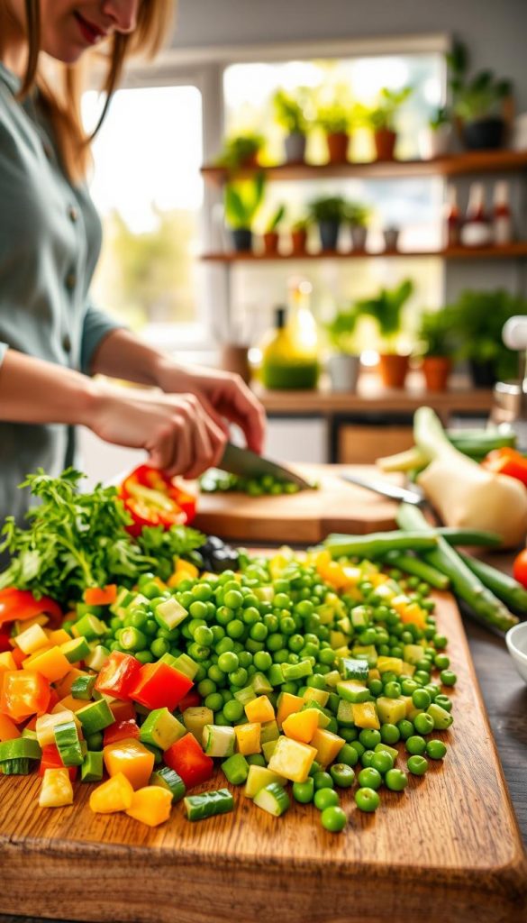 A vibrant, step-by-step cooking scene illustrating fresh vegetarian spring recipes. In the foreground, a wooden cutting board showcases an array of colorful, freshly chopped vegetables like bell peppers, asparagus, and peas. A pair of hands, clad in modest casual attire, is skillfully chopping herbs, emphasizing the hands-on aspect of cooking. The middle section features a cozy kitchen with bright natural light streaming through a window, highlighting a collection of green plants and spices arranged on shelves. The background reveals a warm, inviting atmosphere, with blurred images of springtime outside, hinting at seasonal inspiration. The overall mood is cheerful and motivating, perfect for home cooking. Capture this scene with a soft focus lens, utilizing warm colors to evoke a sense of freshness and creativity, embodying the essence of "KlickKiste".