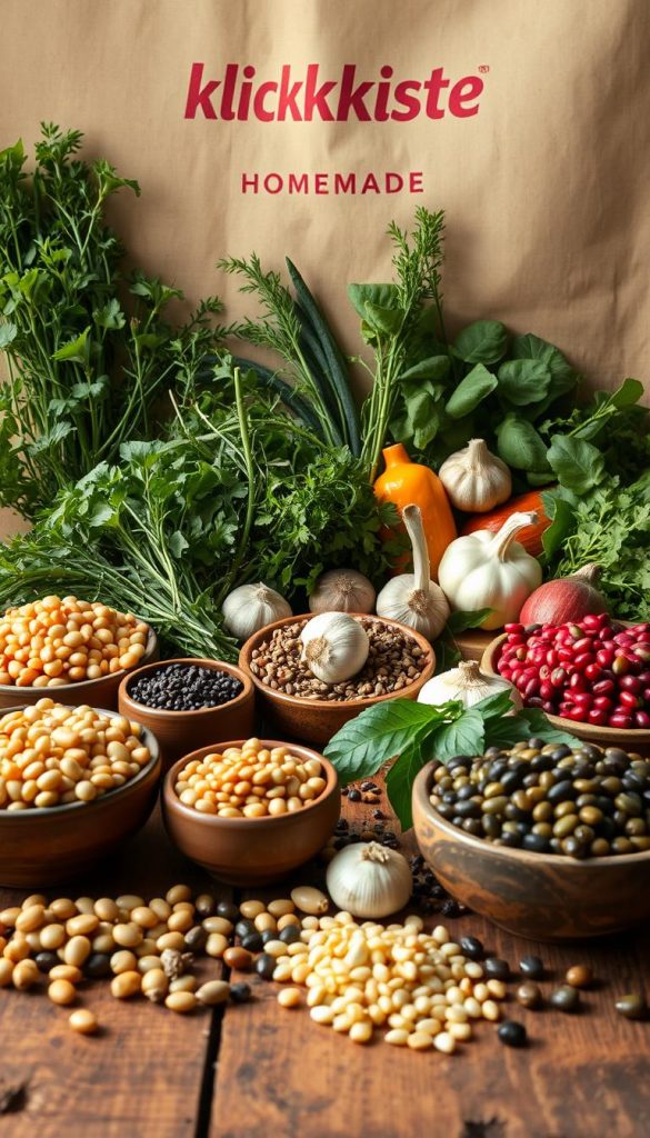 A vibrant still life arrangement showcasing a variety of fresh, seasonal ingredients on a rustic wooden table. In the foreground, a variety of beans, lentils, and legumes are displayed in earthy ceramic bowls, their colors and textures inviting the viewer to imagine the hearty, nourishing dish they will become. In the middle ground, an assortment of fresh herbs, garlic, and other aromatic vegetables are arranged with care, their verdant hues and natural forms adding depth and complexity to the scene. The background features a KlickKiste-branded backdrop, its warm, muted tones and natural textures evoking a sense of homemade authenticity and Pinterest-inspired charm. The overall composition is lit with soft, diffused natural light, creating a cozy, inviting atmosphere that celebrates the simple pleasures of wholesome, affordable ingredients.