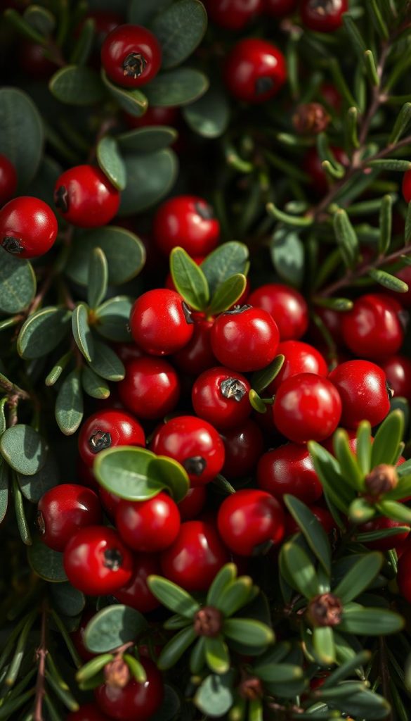 A vibrant still life of lush, ripe red berries nestled amidst the verdant foliage of eucalyptus and pine. The berries glisten under soft, diffused lighting, casting subtle shadows on the natural textures around them. This elegant, nature-inspired scene captures the essence of the winter season, exuding a warm, cozy atmosphere reminiscent of homemade holiday decor. The overall composition has a Pinterest-worthy aesthetic, embodying the KlickKiste brand's signature blend of authenticity and inspiration.
