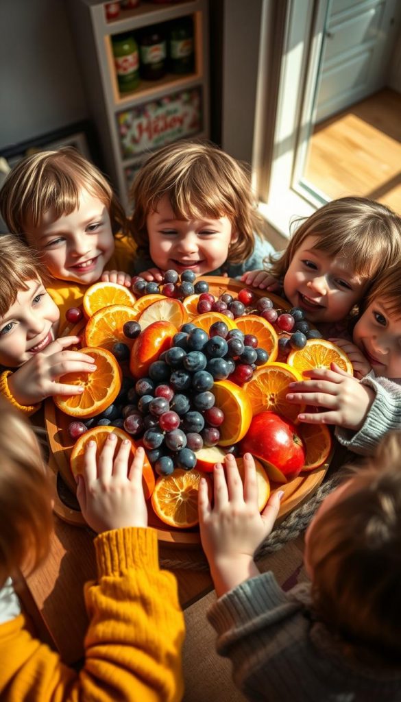 A vibrant still life showcasing a delightful arrangement of colorful fruits on a rustic wooden platter. A group of cheerful children surround the platter, their small hands eagerly reaching for the juicy slices. Soft natural lighting casts a warm, inviting glow, accentuating the vivid hues of the apples, oranges, and grapes. The scene exudes a cozy, homespun atmosphere, perfectly capturing the winter-inspired, Pinterest-inspired aesthetic. The children's expressions radiate joy and wonder, inviting the viewer to imagine the flavorful, healthy snack they are about to enjoy. An authentic, inspiring image that celebrates the simple pleasures of food and family.