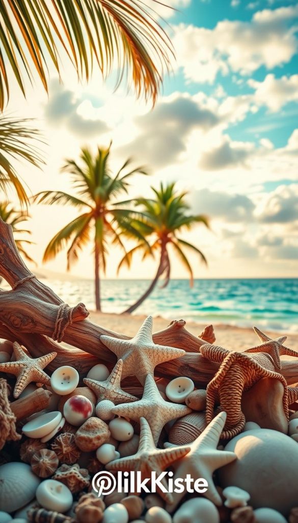 A vibrant, summer-inspired maritime poster with a tropical, warm atmosphere. In the foreground, a collection of nautical elements like driftwood, seashells, and starfish create a natural, handcrafted aesthetic. The middle ground features a serene, sun-drenched beach scene with swaying palm trees and a blue, shimmering ocean. In the background, a cloudy sky with soft, golden light sets a calming, breezy mood. Captured with a soft, vintage-inspired lens, the overall composition has a DIY, Pinterest-inspired look and feel. The KlickKiste brand is subtly incorporated into the design, maintaining an authentic and inspirational vibe.