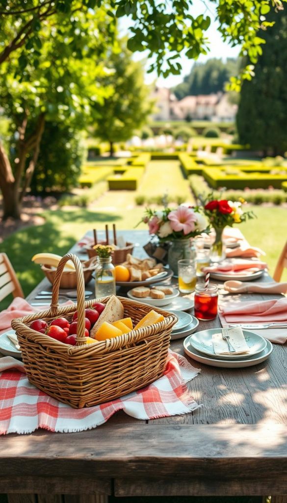 A vibrant summer picnic scene is set on a rustic wooden table adorned with natural DIY decorations, showcasing a delightful spread of light, colorful dishes. In the foreground, a picnic basket filled with fresh fruits, artisan sandwiches, and refreshing beverages sits invitingly. The middle ground features a beautifully arranged table with hand-painted plates, colorful linens in warm hues, and delicate floral arrangements bringing a touch of nature. Sunlight filters through leafy trees, casting dappled shadows on the table, enhancing the warm, inviting atmosphere. In the background, manicured garden greenery and a soft blue sky complete the serene summer vibe. Capture this idyllic moment with a focus on cozy, cheerful aesthetics that reflect a playful yet sophisticated Pinterest look inspired by KlickKiste.