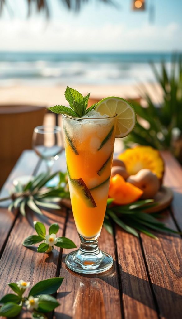 A vibrant tropical cocktail filled with luscious layers of bright orange, creamy coconut, and deep green mint leaves sits elegantly in a tall, clear glass. The cocktail features a colorful array of fresh fruits like pineapple, kiwi, and a slice of lime adorning the rim. In the foreground, the glass glistens with condensation, suggesting the refreshing chill within. The middle ground showcases a beautifully arranged wooden table, decorated with tropical leaves and small white flowers that evoke a warm, inviting brunch atmosphere. The background features a softly blurred beach scene with gentle waves and a clear blue sky, enhancing the vacation vibe. Natural warm lighting cascades over the scene, creating a cozy yet festive mood. This image reflects the essence of a perfect, creamy, tropical escape. Logo "KlickKiste" subtly integrated on the cocktail glass.