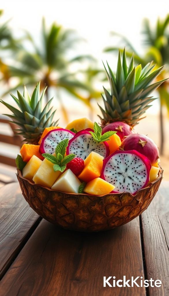 A vibrant tropical fruit bowl overflowing with fresh, colorful fruits including slices of pineapple, coconut chunks, and bright pink dragon fruit, arranged artfully on a rustic wooden table. In the foreground, the bowl should be the centerpiece, featuring a mix of tropical fruits garnished with mint leaves. The middle layer should include soft lighting that highlights the textures of the fruits, casting gentle shadows. In the background, a blurred coastal scene with palm trees and a sandy beach, evoking a warm, sunny atmosphere. The overall mood should feel refreshing and inviting, reminiscent of a tropical vacation. Capture this in a high-resolution format with a slightly elevated angle to enhance depth, ensuring a natural and inspiring aesthetic. Include a subtle branding element of "KlickKiste."