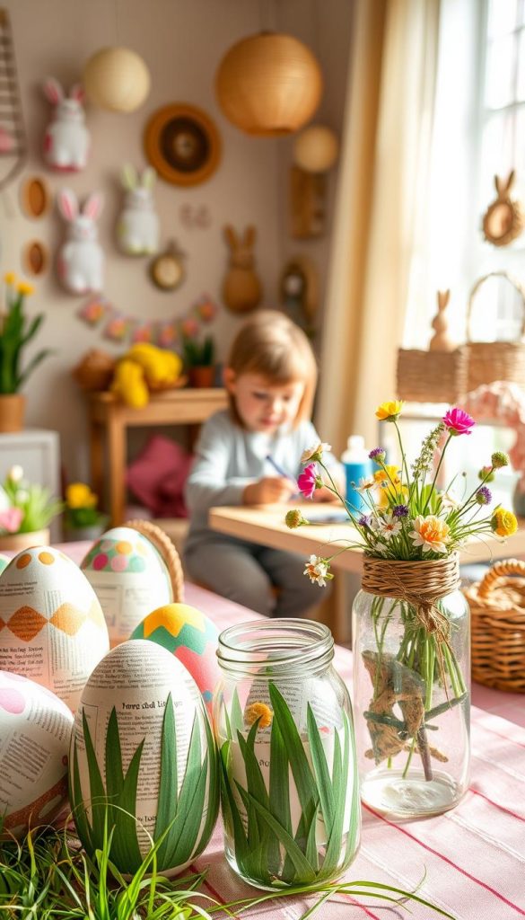 A vibrant upcycling Easter decoration scene, showcasing various DIY projects made from recycled materials. In the foreground, colorful Easter eggs crafted from old newspapers and jars transformed into charming flower vases, radiating creativity. The middle layer features a cheerful workspace with children engaging in crafting, using scissors, glue, and paints, dressed in comfortable, modest clothes. The background reveals a sunny, warmly lit room adorned with handmade decorations, including paper bunnies and woven baskets made from fabric scraps. Soft daylight filters through a window, casting a gentle glow over the scene, creating an inviting and joyful atmosphere. The overall vibe should be warm, authentic, and Pinterest-worthy, embodying the spirit of "KlickKiste" in a stress-free crafting moment.