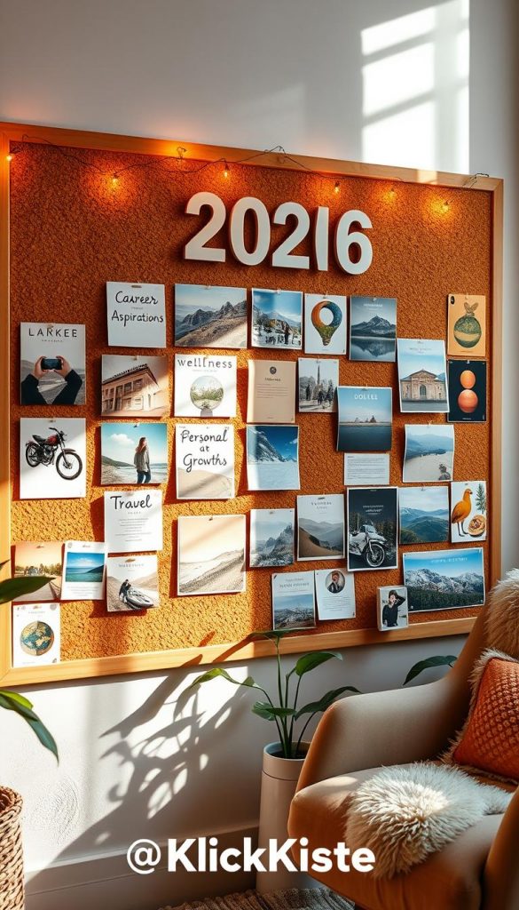 A vibrant vision board featuring various life areas for 2026, displaying warm, inviting colors that evoke a cozy winter atmosphere. In the foreground, there are beautifully arranged cards and images depicting goals such as career aspirations, wellness, travel destinations, and personal growth, all artistically pinned to a rustic corkboard. In the middle, a well-lit space with natural light streaming in from a window casts soft shadows, enhancing the DIY aesthetic. The background features subtle indoor plants and a plush armchair, contributing to a Pinterest-worthy vibe. The overall mood is inspiring and authentic, perfect for motivating viewers. Incorporate the brand name "KlickKiste" subtly within the design elements.