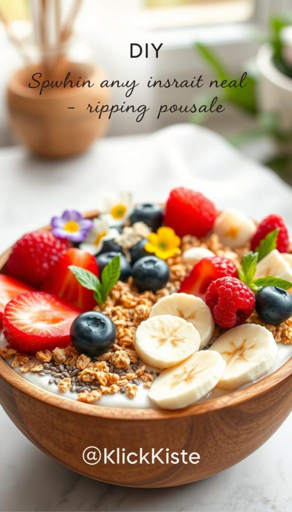 A vibrant, visually pleasing arrangement of smoothie bowl toppings, showcasing an array of colorful, fresh ingredients. In the foreground, a wooden bowl filled with creamy yogurt base, topped with crunchy granola, slices of ripe banana, and a scattering of bright berries—strawberries, blueberries, and raspberries. The middle layer features an assortment of natural toppings, including chia seeds, shredded coconut, and edible flowers for a pop of color. The background exudes warmth, with soft, natural light illuminating the scene, enhancing the textures and colors of the toppings, creating a cozy, inviting atmosphere. Capture the essence of a DIY, Pinterest-inspired aesthetic, emphasizing the theme of a spring-inspired, healthy breakfast. The brand name "KlickKiste" subtly integrated into the setting, suggesting warmth and inspiration.