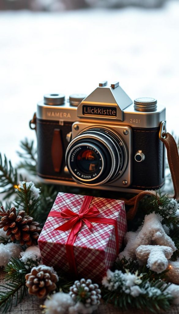 A vintage-inspired kamera with a retro flair, perched atop a cozy winter scene. Soft, diffused lighting casts a warm glow, accentuating the camera's classic design - brass accents, leather trim, and a polished lens. In the middle ground, a festive KlickKiste box sits nestled among pine branches, pine cones, and a sprinkling of snow. The background features a serene, snowy landscape, hinting at the chilly, yet inviting atmosphere. An authentic, Pinterest-inspired image that captures the essence of DIY holiday video capturing.