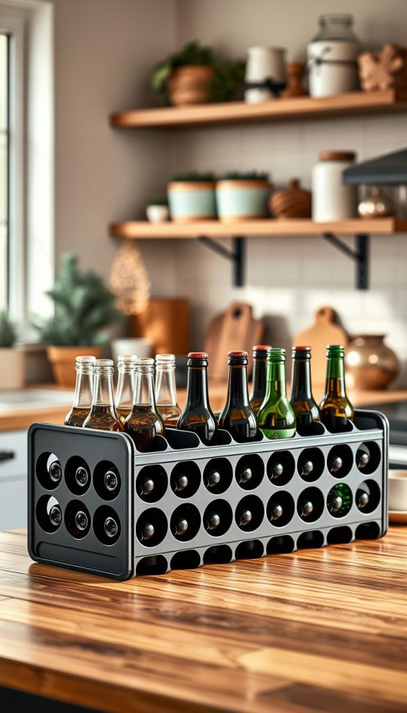 A visually appealing image of the "KlickKiste Flaschenkasten F13", designed for organizing 20 x 0.5 L bottles. In the foreground, showcase the sleek, modern design of the Flaschenkasten, constructed from high-quality materials, featuring compartments that hold various bottles snugly. The middle layer should include the stylish arrangement of the Flaschenkasten on a wooden kitchen counter, paired with a few inspirational home organization items like jars and natural decor elements. The background should softly depict a cozy kitchen ambiance with warm, natural lighting filtering through a window, enhancing the inviting winter vibes. Opt for a shallow depth of field to keep the focus on the Flaschenkasten while creating a soft bokeh effect in the background, evoking an authentic Pinterest aesthetic. A visually appealing image of the "KlickKiste Flaschenkasten F13", designed for organizing 20 x 0.5 L bottles. In the foreground, showcase the sleek, modern design of the Flaschenkasten, constructed from high-quality materials, featuring compartments that hold various bottles snugly. The middle layer should include the stylish arrangement of the Flaschenkasten on a wooden kitchen counter, paired with a few inspirational home organization items like jars and natural decor elements. The background should softly depict a cozy kitchen ambiance with warm, natural lighting filtering through a window, enhancing the inviting winter vibes. Opt for a shallow depth of field to keep the focus on the Flaschenkasten while creating a soft bokeh effect in the background, evoking an authentic Pinterest aesthetic.