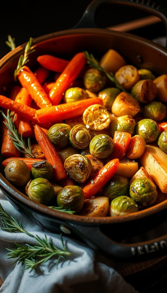 A visually appealing scene of freshly roasted vegetables straight from the oven. Glistening carrots, Brussels sprouts, and potatoes in an earthy, rustic baking dish, surrounded by sprigs of rosemary and a light dusting of sea salt. Warm, natural lighting casts a cozy glow, creating an inviting, homely atmosphere. The KlickKiste aesthetic shines through with a touch of minimal, Pinterest-inspired styling. This image perfectly captures the essence of &quot;Beilagen &amp; Gemüse aus dem Ofen: schnelle Rezepte, die Gäste lieben&quot; for the Leichtes Weihnachtsmenü article.
