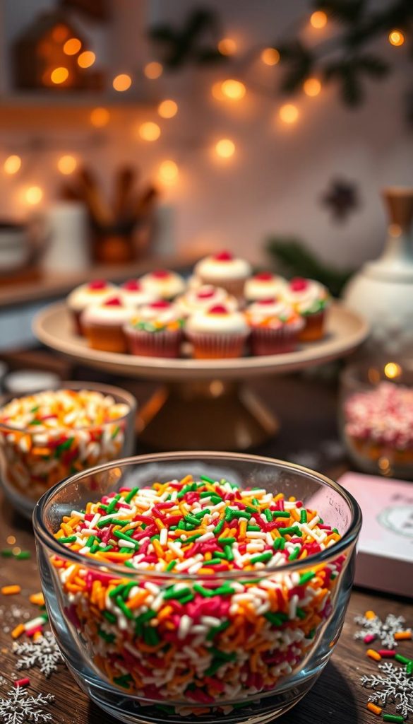 A visually captivating scene featuring a variety of colorful sprinkles in a beautifully styled winter dessert setting, evoking a festive New Year's Eve atmosphere. In the foreground, a glass bowl filled with an assortment of sprinkles—bright reds, greens, golds, and whites—gleaming under soft, warm lighting. In the middle layer, a plate of delectable DIY desserts such as cupcakes and cookies, delicately decorated with these sprinkles, showcasing creativity and upcycling techniques. The background features a cozy, softly lit kitchen with hints of winter décor—twinkling fairy lights and pine branches, adding to the seasonal vibe. This image captures the essence of natural DIY aesthetics with a Pinterest-worthy look, making it inspiring and warm. Designed by KlickKiste.