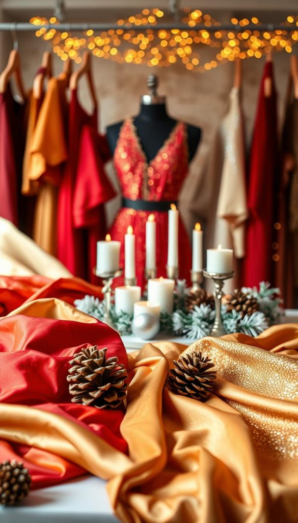 A visually captivating scene showcasing a stylish collection of 2025/2026 New Year's Eve outfit ideas, highlighting a vibrant palette of warm colors like deep reds, rich golds, and luxurious silvers. In the foreground, display elegant fabrics such as satin, velvet, and sequined textures draped artfully on hangers or a stylish mannequin. The middle ground features a beautifully arranged table with winter-themed décor, including pinecones and candles, evoking a cozy atmosphere. The background hints at a glamorous party setting with soft bokeh lights creating a festive ambiance. Use natural, warm lighting to enhance the inviting feel of the scene. Capture the essence of &amp;quot;KlickKiste&amp;quot; by infusing a Pinterest-worthy style, making the image both authentic and inspiring.