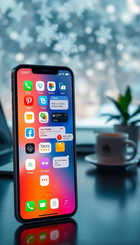 A visually engaging scene depicting a digital workspace filled with various smartphone notifications. In the foreground, a sleek, modern smartphone displays colorful notification icons, including messages, social media alerts, and reminders. The middle ground features a cozy desk setup with a laptop, a cup of coffee, and a potted plant, creating a warm ambiance. The background offers a blurred view of a winter-themed window with soft snowfall, enhancing the mood of tranquility and focus. The lighting is soft and warm, creating a comforting atmosphere. This image encapsulates the idea of managing digital notifications effectively, reflecting a natural DIY aesthetic and the inspiring brand essence of "KlickKiste." A visually engaging scene depicting a digital workspace filled with various smartphone notifications. In the foreground, a sleek, modern smartphone displays colorful notification icons, including messages, social media alerts, and reminders. The middle ground features a cozy desk setup with a laptop, a cup of coffee, and a potted plant, creating a warm ambiance. The background offers a blurred view of a winter-themed window with soft snowfall, enhancing the mood of tranquility and focus. The lighting is soft and warm, creating a comforting atmosphere. This image encapsulates the idea of managing digital notifications effectively, reflecting a natural DIY aesthetic and the inspiring brand essence of "KlickKiste."