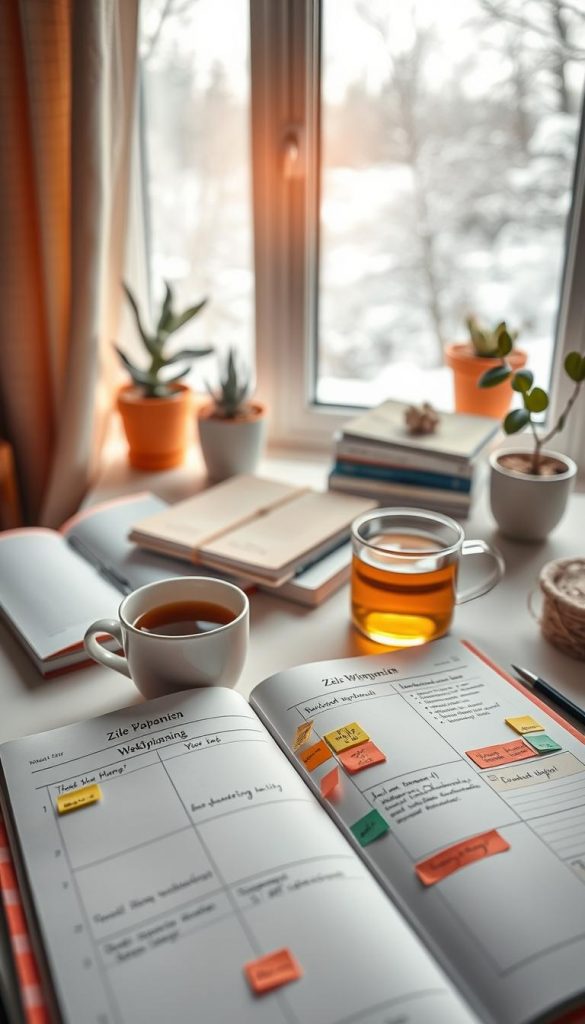 A visually inviting workspace showcasing a structured weekly planner titled &quot;Ziele Wochenplanung&quot;. The foreground features a beautifully organized planner open to a weekly view, with handwritten notes and colorful sticky notes highlighting tasks and goals. A warm cup of herbal tea sits beside it, radiating comfort. In the middle ground, a soft, natural light filters through a nearby window, illuminating a cozy, plant-filled desk with a few inspiring books stacked neatly. The background displays a serene winter landscape visible through the window, softly blurred to create depth. The mood is tranquil and motivating, perfect for a self-care atmosphere. Ensure the image reflects the brand &quot;KlickKiste&quot; with a natural DIY aesthetic and softly warm colors.