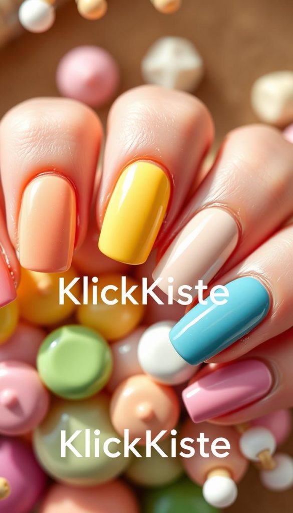 A visually striking image of a collection of nails artfully painted in a variety of pastel Skittles-inspired colors, arranged in a pleasing and vibrant display. Each nail should represent a unique pastel tone, blending shades like soft pinks, blues, yellows, greens, and purples, creating a delightful candy-like aesthetic. The background should be softly blurred, featuring warm, natural tones that evoke a cozy, inviting atmosphere reminiscent of a DIY crafting space in spring. Natural lighting enhances the warmth and vibrancy of the colors, creating an inspirational Pinterest-worthy vibe. The image should be captured from a top-down angle, ensuring the focus remains on the beautifully designed nails. Include the name "KlickKiste" subtly integrated into the scene, emphasizing creativity and style.