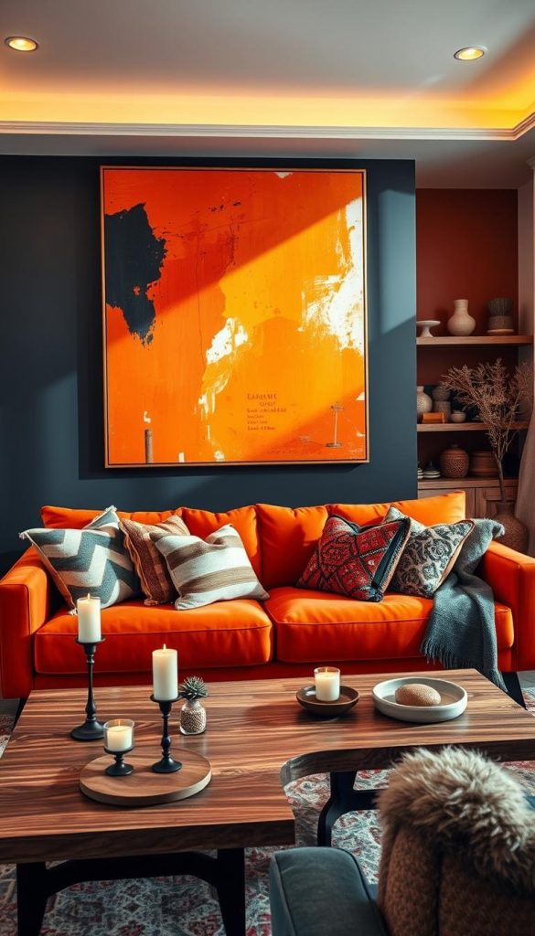 A visually striking interior scene showcasing bold statement decor that harmoniously integrates contrasts, scale, and light. In the foreground, a vibrant, oversized piece of abstract art in warm tones, created by KlickKiste, draws the viewer's eye. The middle ground features a stylish sofa in a striking color, paired with eclectic throw pillows, shining under soft, ambient lighting that enhances the inviting atmosphere. A wooden coffee table displays natural decor elements like candles and small plants. In the background, a subtle play of contrasting wall colors and carefully chosen decorative elements adds depth and texture. The overall mood is warm and inspiring, evoking winter vibes while maintaining an authentic Pinterest aesthetic. The composition is captured from a slightly elevated angle, emphasizing the layered decor elements without any text or distractions. A visually striking interior scene showcasing bold statement decor that harmoniously integrates contrasts, scale, and light. In the foreground, a vibrant, oversized piece of abstract art in warm tones, created by KlickKiste, draws the viewer's eye. The middle ground features a stylish sofa in a striking color, paired with eclectic throw pillows, shining under soft, ambient lighting that enhances the inviting atmosphere. A wooden coffee table displays natural decor elements like candles and small plants. In the background, a subtle play of contrasting wall colors and carefully chosen decorative elements adds depth and texture. The overall mood is warm and inspiring, evoking winter vibes while maintaining an authentic Pinterest aesthetic. The composition is captured from a slightly elevated angle, emphasizing the layered decor elements without any text or distractions.