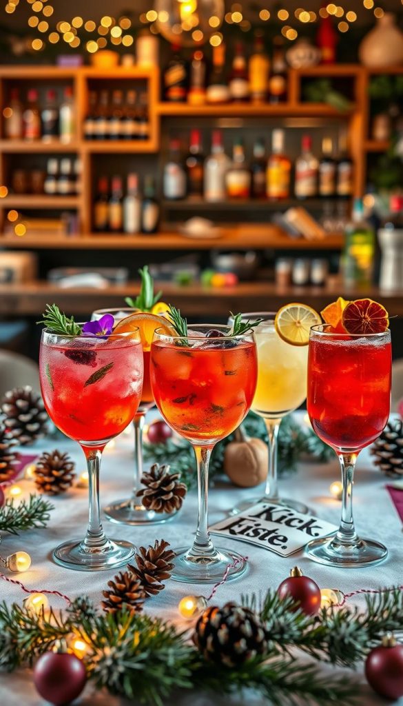 A visually stunning display of signature cocktails for a festive New Year’s Eve party, featuring elegantly crafted drinks in vibrant colors. In the foreground, several glasses filled with creative cocktails, showcasing garnishes like fresh herbs, citrus slices, and colorful edible flowers. The middle ground captures a cozy, warmly lit table adorned with winter-themed decorations, such as pinecones and fairy lights, creating an inviting atmosphere. In the background, a softly blurred scene of a stylish bar with rustic wooden shelves filled with liquors, enhancing the festive vibe. The image should evoke feelings of warmth and celebration, reminiscent of a Pinterest-worthy setup, with natural, warm lighting to emphasize the cozy winter mood. The brand name "KlickKiste" should be subtly integrated into the decor.