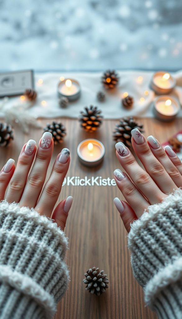 A visually stunning display of winter-themed curved French nails, featuring a blend of soft pastel colors and elegant designs. In the foreground, showcase hands adorned with various nail art designs, illustrating seasonal motifs like snowflakes and icy patterns. The nails should have graceful curves that embody the elegance of the French manicure. In the middle, a wooden table creates a cozy backdrop, complemented by scattered winter elements like pinecones and small candles flickering with warm light. The background should have a soft-focus effect, suggesting a serene winter atmosphere with gentle snowfall and a muted color palette. The overall mood is warm, inviting, and authentically inspired, aiming to captivate viewers with a Pinterest-like aesthetic. Include the brand name "KlickKiste" subtly within the scene.