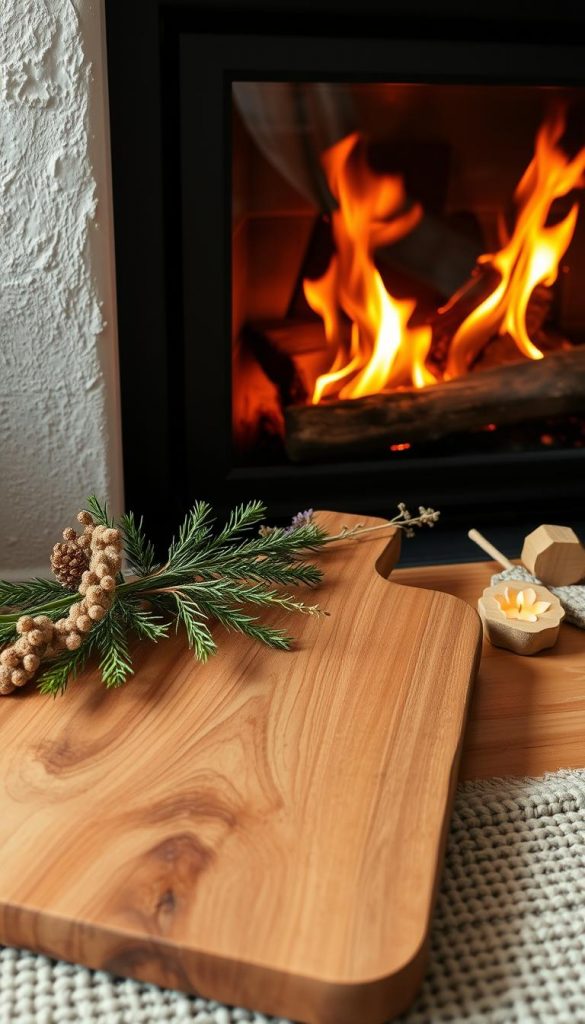A warm and cozy board sits by the fireplace, its natural wood grain glistening in the soft glow. Textured knots and imperfections add character, a rustic charm that invites you to slow down and embrace the moment. Surrounding the board are a mix of fresh greenery, dried floral accents, and a few playful wooden trinkets - a KlickKiste signature touch. The overall scene evokes a sense of hygge, a winter-inspired, Pinterest-worthy aesthetic that encourages mindful relaxation after a brisk outdoor adventure.
