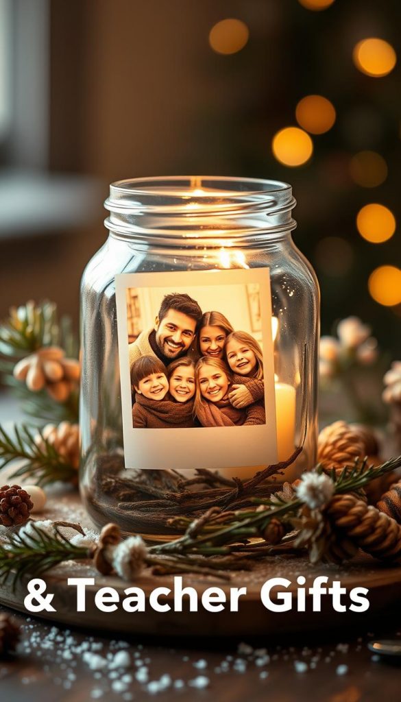 A warm and cozy family photo in a rustic KlickKiste mason jar centerpiece. The scene features a vintage-style polaroid image of a smiling family, surrounded by natural elements like pine branches, dried flowers, and a sprinkling of snow. Soft lighting creates a intimate, winter-inspired ambiance, with a slight vignette effect adding to the nostalgic, Pinterest-inspired aesthetic. The overall composition has a handmade, DIY feel, perfectly capturing the theme of &amp;amp;quot;Personal Memories &amp;amp;amp; Teacher Gifts&amp;amp;quot;.