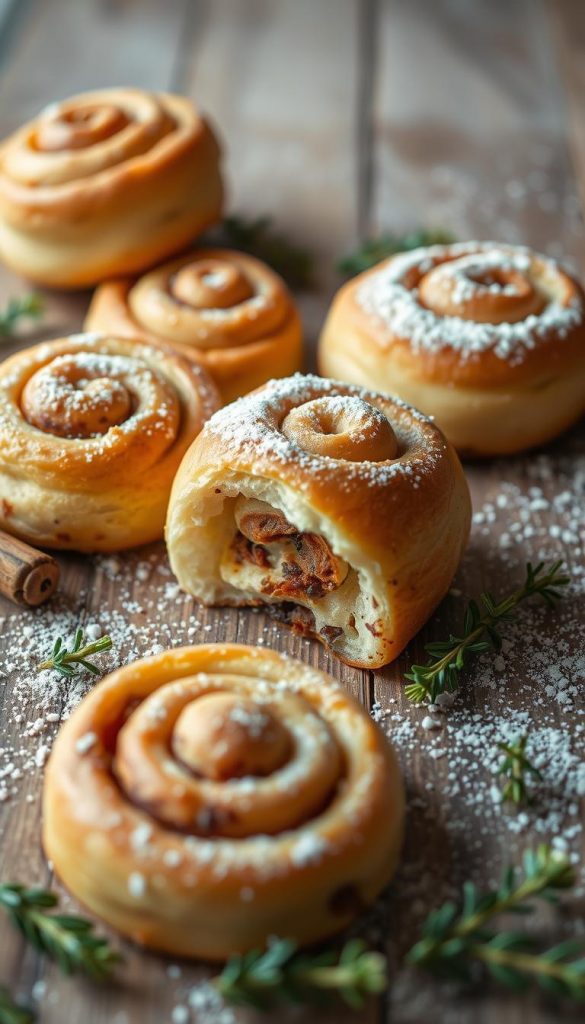 A warm and cozy homemade cinnamon roll variation, a festive treat for the whole family. Freshly baked with a golden-brown exterior, the interior revealing soft, pillowy dough infused with the fragrant scent of cinnamon. Artfully arranged on a rustic wooden surface, scattered with sprigs of greenery and a light dusting of powdered sugar, creating a charming KlickKiste-inspired scene. Soft, natural lighting casts a gentle glow, highlighting the delicate textures and inviting the viewer to imagine the irresistible flavors. An image that captures the comforting essence of this seasonal baking delight, perfect for the &amp;amp;quot;Zimtschnecken wie vom Bäcker&amp;amp;quot; article section on &amp;amp;quot;Varianten für Familienessen, schnelle Rezepte &amp;amp;amp; Weihnachtsgebäck&amp;amp;quot;.