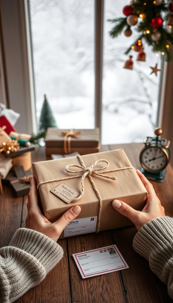 A warm and cozy scene of a KlickKiste gift box being prepared for delivery. In the foreground, a pair of hands carefully wrap the box in natural kraft paper, adorned with a simple twine bow. The middle ground features a wooden table with a vintage postal scale, stamps, and a shipping label, conveying the sense of a personal, handmade touch. The background is softly lit, showcasing a winter landscape through a frosted window, creating a serene, Pinterest-inspired atmosphere. The overall mood is one of effortless elegance and a stress-free holiday experience.