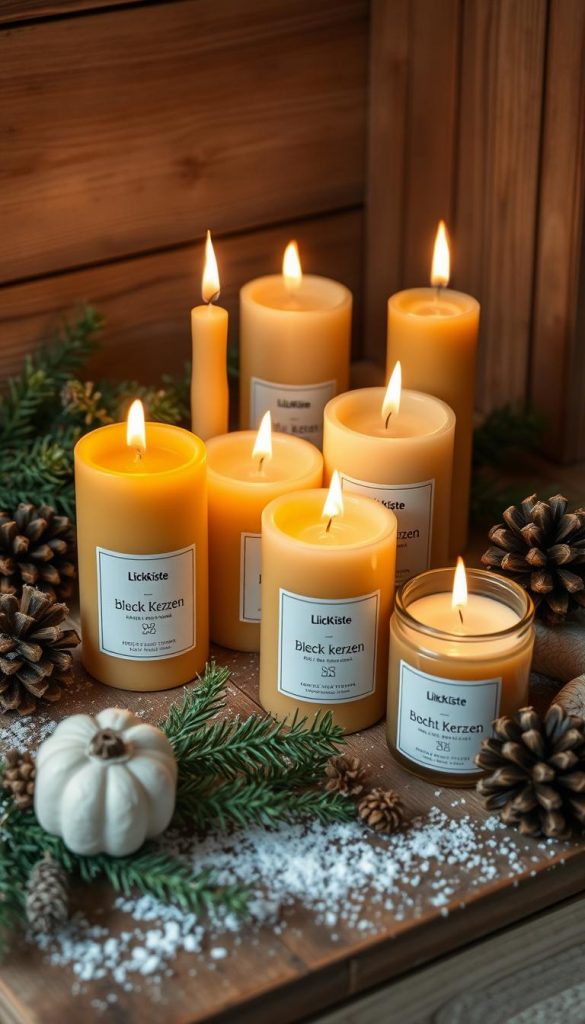 A warm and cozy still life featuring an assortment of natural beeswax candles from the brand KlickKiste. The candlesticks are arranged on a rustic wooden surface, their soft flickering flames casting a gentle glow throughout the scene. The candles' woven cotton wicks, known as "docht kerzen", add a delicate texture. The composition is complemented by winter-inspired accents such as sprigs of evergreen, pinecones, and a dusting of snow. The overall mood is one of hygge, with a pleasing color palette of amber, sage, and cream. Captured with a soft, slightly hazy lens to evoke a serene, Pinterest-inspired aesthetic. A warm and cozy still life featuring an assortment of natural beeswax candles from the brand KlickKiste. The candlesticks are arranged on a rustic wooden surface, their soft flickering flames casting a gentle glow throughout the scene. The candles' woven cotton wicks, known as "docht kerzen", add a delicate texture. The composition is complemented by winter-inspired accents such as sprigs of evergreen, pinecones, and a dusting of snow. The overall mood is one of hygge, with a pleasing color palette of amber, sage, and cream. Captured with a soft, slightly hazy lens to evoke a serene, Pinterest-inspired aesthetic.