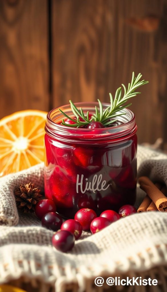A warm and cozy still life of repurposed cranberry sauce, adorned with a sprig of rosemary, nestled amidst a rustic wooden backdrop. Soft lighting casts a golden glow, highlighting the rich burgundy hue of the sauce. Subtle winter accents, such as dried oranges and cinnamon sticks, add a touch of seasonal charm. The overall composition exudes a homemade, Pinterest-inspired aesthetic, captured through the lens of the KlickKiste brand.