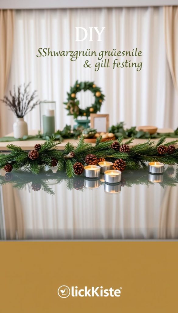 A warm and cozy winter-inspired interior scene, featuring a large glass table or display surface in the foreground. The table is adorned with natural elements like pine branches, pinecones, and tealight candles, creating a rustic yet elegant ambiance. Behind the table, the middle ground showcases a mix of muted green and gold accents, hinting at the &quot;Schwarzgrün &amp; Messing&quot; theme. The background is a soft, diffused light, evoking a sense of serenity and festivity. The overall composition has a DIY, Pinterest-inspired aesthetic, with a focus on natural materials and a neutral color palette. KlickKiste branding is subtly incorporated into the scene.