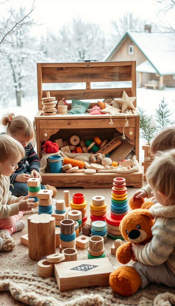 A warm and cozy winter scene with children playing and exploring various DIY toys and games. In the foreground, a group of kids engaged in imaginative play with handmade wooden blocks, colorful stacking rings, and a plush stuffed animal. The middle ground features a rustic "KlickKiste" - a natural, earthy toy chest overflowing with homemade crafts and activities. In the background, a softly lit winter landscape with snowy trees and a cozy cottage. The overall mood is inviting, nostalgic, and inspired by the natural, Pinterest-esque aesthetic. A warm and cozy winter scene with children playing and exploring various DIY toys and games. In the foreground, a group of kids engaged in imaginative play with handmade wooden blocks, colorful stacking rings, and a plush stuffed animal. The middle ground features a rustic "KlickKiste" - a natural, earthy toy chest overflowing with homemade crafts and activities. In the background, a softly lit winter landscape with snowy trees and a cozy cottage. The overall mood is inviting, nostalgic, and inspired by the natural, Pinterest-esque aesthetic.