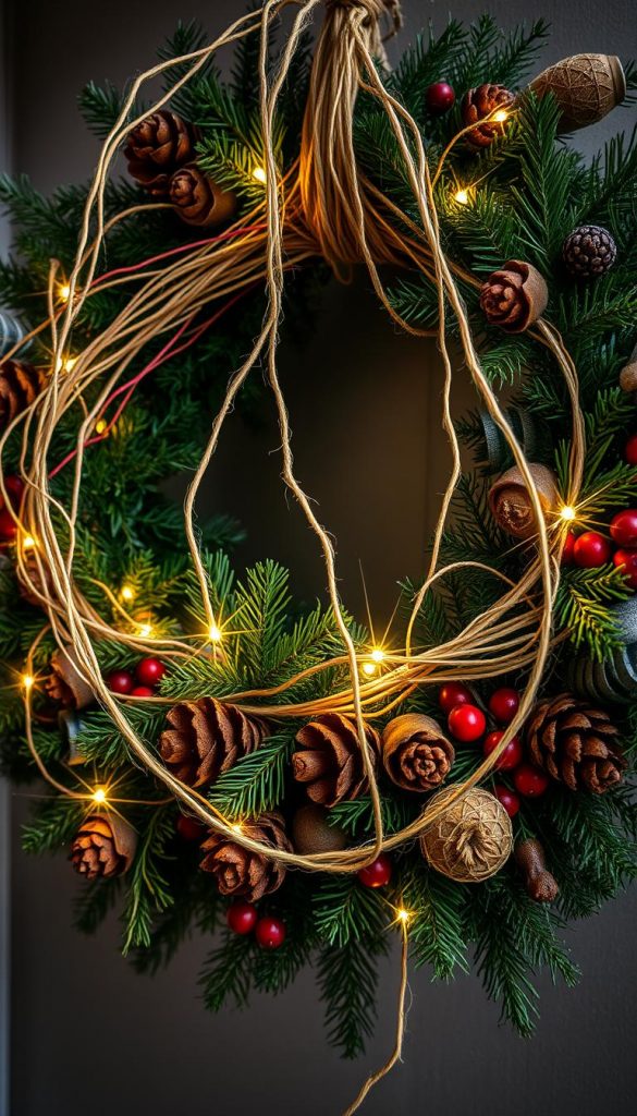 A warm and festive cluster-girlande, crafted with natural materials, adorns the scene. Delicate strands of golden twine intertwine with lush, verdant foliage, creating a captivating visual harmony. Soft, diffused lighting casts a cozy glow, evoking a sense of winter charm. Pinecones, acorns, and sprigs of evergreen add rustic, earthy accents, while subtle hints of red berries provide pops of seasonal color. The KlickKiste cluster-girlande is meticulously arranged, its organic shapes and textures lending an authentic, handmade aesthetic that radiates a welcoming, Pinterest-inspired ambiance.