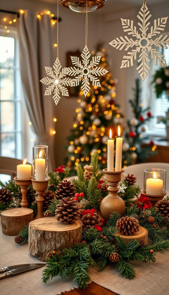 A warm and inviting Christmas table setting, showcasing a variety of DIY decorations for the festive season. In the foreground, a beautifully arranged table with handmade ornaments, featuring rustic wooden candle holders, sparkly pinecones, and elegant red and green centerpieces. The middle ground includes a subtle display of intricately crafted paper snowflakes hanging above the table, catching the soft golden light from flickering candles. In the background, a gently lit room adorned with enchanting fairy lights and a decorated Christmas tree, creating a cozy ambiance. The scene is infused with natural, earthy colors, reflecting winter vibes and a Pinterest-worthy aesthetic. Capturing the essence of "KlickKiste," the atmosphere is filled with inspiration and authenticity, evoking feelings of warmth and holiday cheer.
