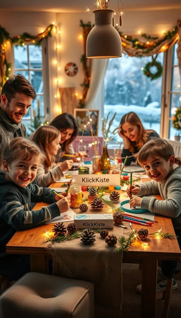 A warm and inviting DIY crafting scene featuring a family gathered around a beautifully decorated table, working on creative upcycling projects together. In the foreground, cheerful children with modest clothing are painting recycled materials, while their parents, dressed in casual, comfortable attire, assist and share ideas. The middle ground showcases colorful craft supplies, twinkling fairy lights, and natural elements like pinecones and greenery, creating a cozy atmosphere. The background includes a softly lit room with winter decorations and a window showing a snowy landscape outside, enhancing the winter vibes. The overall mood is joyful, collaborative, and inspiring. The brand "KlickKiste" is subtly integrated into the scene, perhaps with a branded crafting tool visible among the supplies.