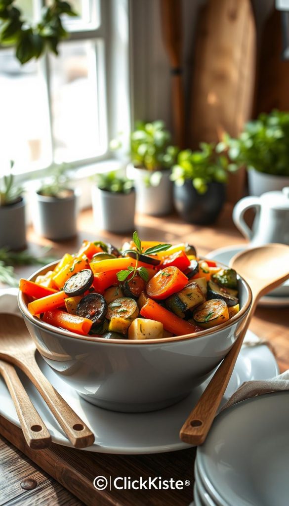 A warm and inviting Ofengemüse-Bowl is beautifully arranged at the center of the image, showcasing vibrant roasted vegetables like carrots, bell peppers, and zucchini, interspersed with fresh herbs. Surrounding the bowl are rustic wooden utensils and a white ceramic plate, with a backdrop of softly blurred kitchen elements that hint at a cozy, homey atmosphere. Sunlight streams in from a nearby window, casting gentle shadows and highlighting the rich, earthy colors of the vegetables. The scene embodies a mindful, peaceful vibe, perfect for self-care, with pots of herbs in the background and a touch of winter decor. The overall aesthetic has a Pinterest-worthy, DIY quality, emphasizing natural ingredients and a sense of warmth. The brand &quot;KlickKiste&quot; is subtly incorporated through the choice of tableware, enhancing the image's authenticity and inspiration.