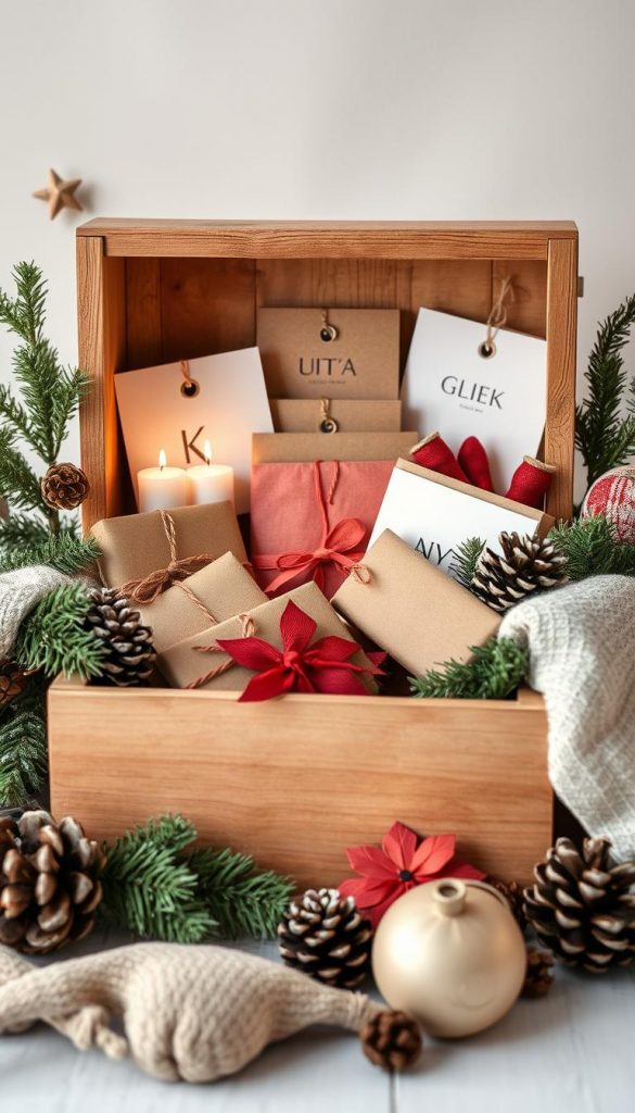 A warm and inviting &amp;quot;Spendenkiste&amp;quot; filled with thoughtful gifts and handmade holiday items, nestled amongst cozy winter foliage and pine cones. The natural wooden &amp;quot;KlickKiste&amp;quot; is artfully styled with a rustic, Pinterest-inspired aesthetic, capturing the spirit of giving during the Advent season. Soft, diffused lighting highlights the textures and colors, creating an authentic, inspirational scene that evokes a sense of holiday cheer and goodwill. The composition features a balanced, harmonious arrangement, drawing the viewer's eye to the central donation box and its contents.