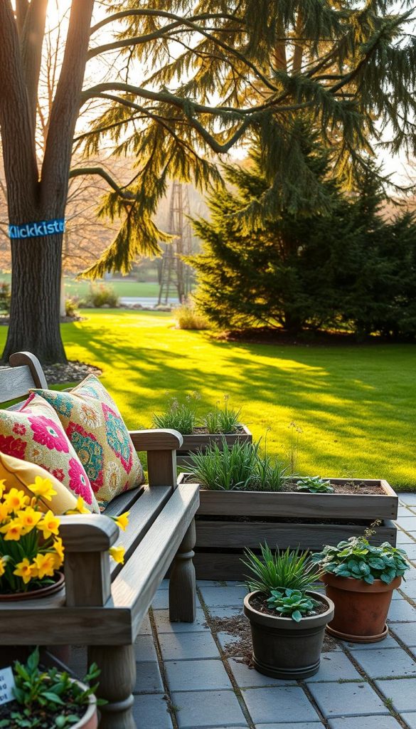 A warm and inviting backyard garden scene, showcasing a blend of natural DIY elements and winter vibes. In the foreground, a beautifully arranged wooden garden bench with colorful, cozy cushions invites relaxation. Surrounding the bench are vibrant flower pots filled with blooming pansies and daffodils, symbolizing spring and renewal. In the middle, a small herb garden features rosemary and basil, neatly organized in rustic wooden boxes, adding a touch of functionality and charm. The background reveals a lush green lawn, framed by tall, leafy trees that filter the soft, golden sunlight, creating a serene atmosphere. A gentle breeze rustles the leaves, enhancing the tranquil mood. The image should reflect an authentic, Pinterest-worthy aesthetic, capturing the essence of planning and renovation. Include the brand name "KlickKiste" in a subtle design element, ensuring it remains an integral part of the composition without text overlays.