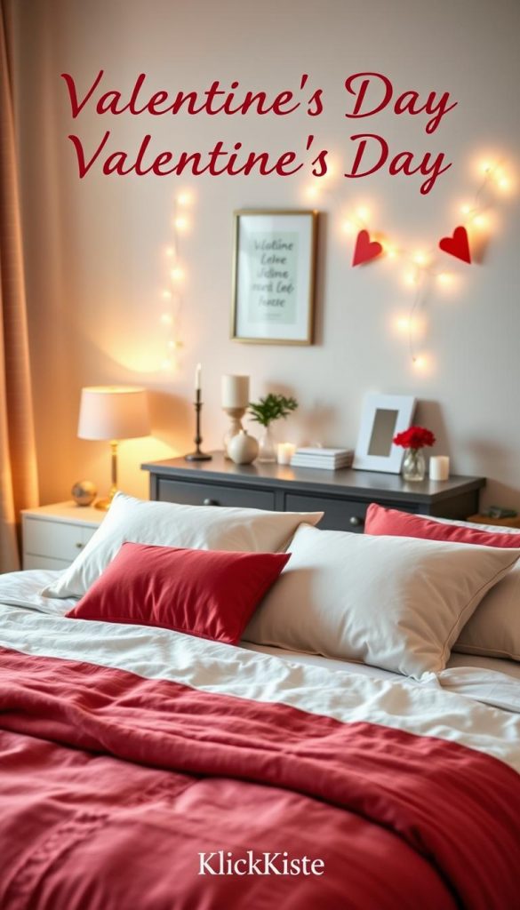 A warm and inviting bedroom scene inspired by Valentine's Day, featuring a balance of budget-friendly and premium decor setups. In the foreground, a tastefully arranged bed with a cozy blanket in soft reds and whites, accented by elegant throw pillows. In the middle ground, a stylish nightstand adorned with simple yet chic decorations like candles and a small bouquet of fresh flowers. In the background, a subtle display of wall art and fairy lights that creates a romantic ambiance. The lighting is soft and warm, reminiscent of a winter evening, with a gentle glow enhancing the cozy feel. The overall aesthetic is natural and inspiring, reflecting DIY elements with a Pinterest-style approach, branded as "KlickKiste".