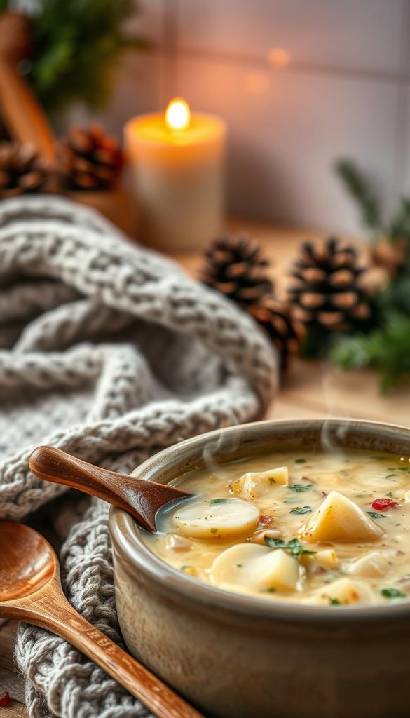 A warm and inviting bowl of creamy chowder sits in the foreground, steam gently rising to convey its freshness. The chowder, rich and thick, is filled with chunks of tender potatoes, aromatic herbs, and a touch of clams, all showcased in a rustic ceramic bowl. A wooden spoon rests beside it, hinting at its comforting nature. In the middle ground, a cozy knitted scarf or blanket adds to the winter ambiance, while a softly flickering candle casts a warm glow over the scene. The background features a softly blurred kitchen setting adorned with pinecones and greenery, enhancing the seasonal feel. The light is soft and diffused, evoking a snug atmosphere perfect for winter evenings. This image reflects the essence of comfort food, inspired by the brand &quot;KlickKiste.&quot;