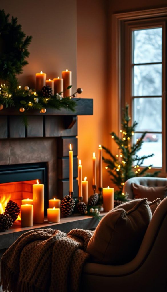 A warm and inviting cozy fireplace scene, with a flickering fire casting a soft glow. In the foreground, a beautifully arranged mantel decorated with an assortment of elegant candles in various heights, some with gentle flames and others unlit, all in warm hues of gold and amber. A plush throw blanket drapes casually over a nearby armchair, enhancing the inviting atmosphere. The middle ground features tasteful winter decorations: pinecones, holly, and soft fairy lights twinkling in the background. The walls are a warm, muted color, and a large window shows softly falling snow outside, adding to the winter romance. The lighting is warm and intimate, creating a serene ambiance perfect for a candlelight dinner. This image should reflect a DIY aesthetic with natural elements, inspired by the brand "KlickKiste."