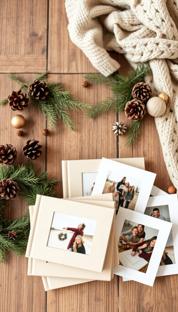 A warm and inviting display of mini-photo gifts and seasonal prints. A rustic wooden surface serves as the backdrop, with a scattering of pine branches, pinecones, and a cozy knit blanket. In the foreground, a stack of KlickKiste photo books and frames in natural tones, complemented by a few holiday-themed items like a wreath or festive ornaments. Soft, diffused lighting creates a cozy, winter-inspired atmosphere, evoking a sense of nostalgia and DIY charm. The overall composition has a polished, Pinterest-inspired aesthetic that is both authentic and inspiring.